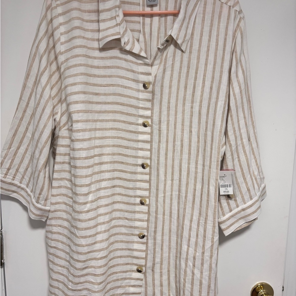 Catherines linen blend Beige and White Striped Button Down Shirt